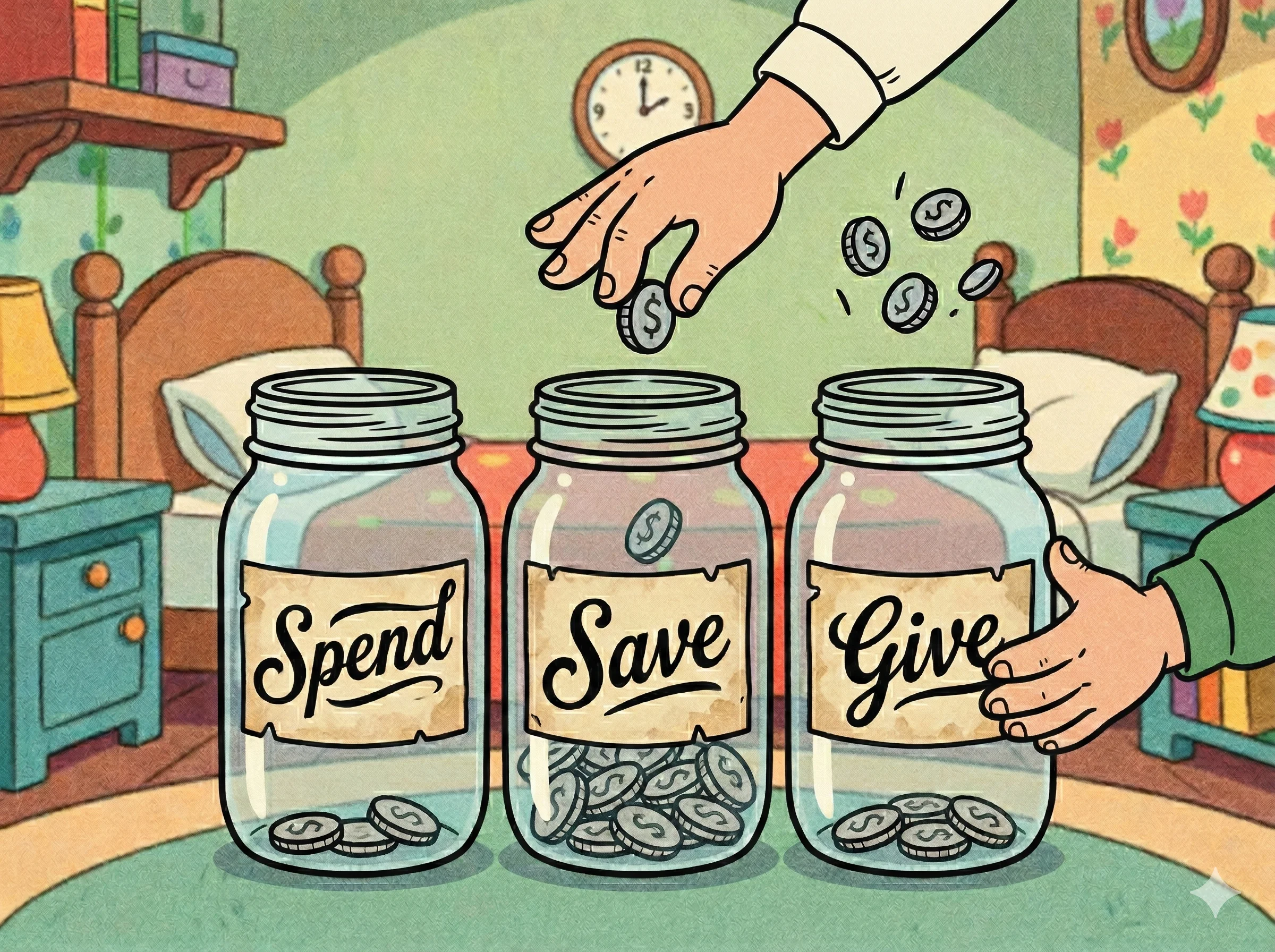 Three labeled glass jars for Spend, Save, and Give